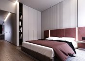 интерьер спальни в стиле минимализм, спальня в белом цвете, дизайн угловой квартиры