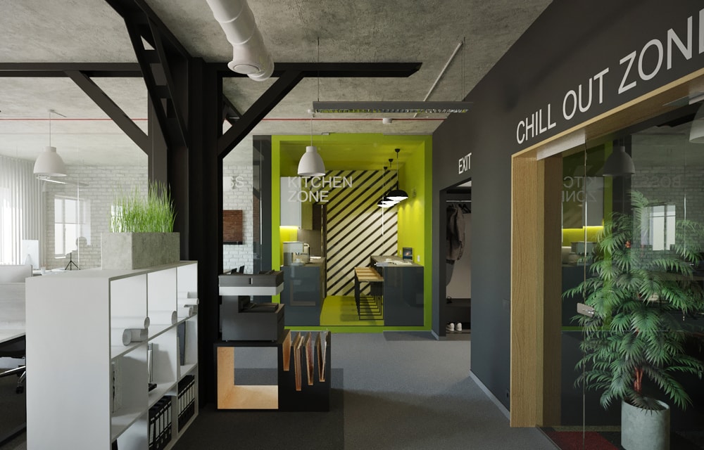дизайн офисов в минске, интерьер офиса в стиле лофт, интерьер офисной кухни