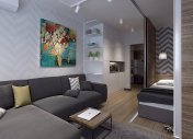 дизайн инетерьера однокомнатной квартиры в современном стиле, интерьер стильной однушки, обои в полоску, большой диван, большая картина в интерьере
