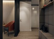 дизайн интерьера коридора в стиле хай-тек, необычный шкаф в интерьере прихожей, красные кресла в интерьере, оригинальная подсветка в оформлении интерьера