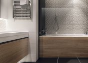 современный дизайн ванной, навесная инсталляция в ванне,  элементы дерева в отделке ванной комнаты, белая ванна