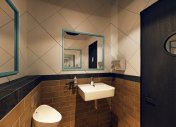 зеркало в туалете, дизайн санузла, интерьер уборной кафе