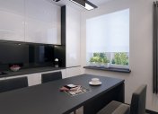 просторная кухня в маленькой квартире, черный фартук на кухне, фартук на кухне из стекла, современный дизайн интерьера маленькой кухни