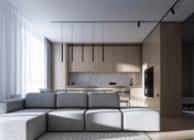 кухня в стиле минимализм, гостиная совмещенная с кухней, интерьер квартиры в современном стиле, ЖК комфорт парк