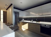 кухня в стиле минимализм, дерево в мебели кухни, светодиодное освещение кухонного фартука