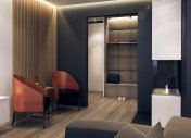 деревянные рейки в интерьере гостиной, led подсветка в интерьере, дизайн гостиной в стиле минимализм, устройство камина в квартире, стильные дизайнерские кресла, черная стена в интерьере трехкомнатной