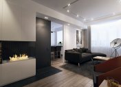 дизайн интерьера трехкомнатной квартиры в стиле минимализм, экокомин в интерьере, белый цвет в гостиной, дизайн интерьера квартиры с эркером