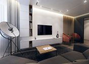 стильная лампа в интерьере, большой темный ковер в гостиной, отделка под дерево в квартире, современная квартира, дизайн проект
